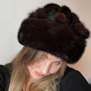 Black Leather and Real Mink Fur Winter Hat